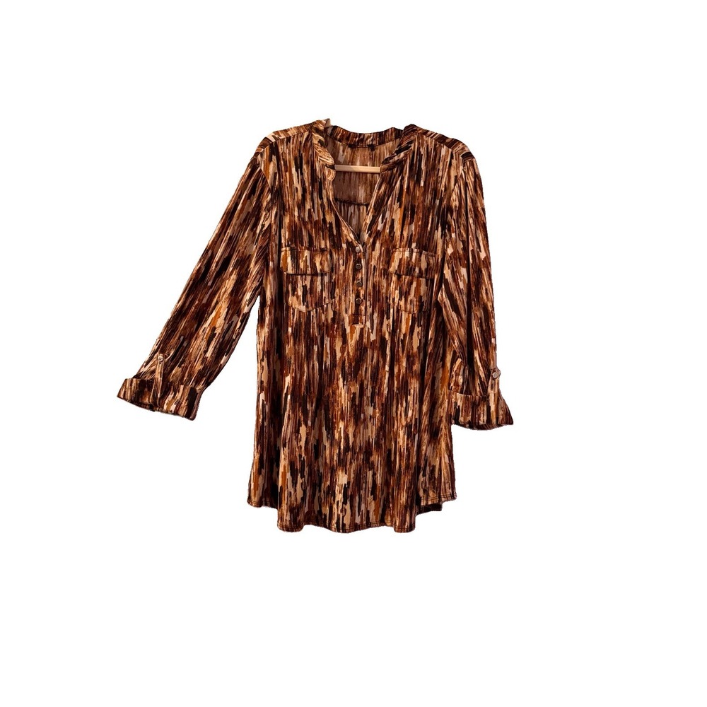 Cocomo Tunic Top Womens 1X Animal Print Stretch Jersey Pintuck Popover Roll Tab